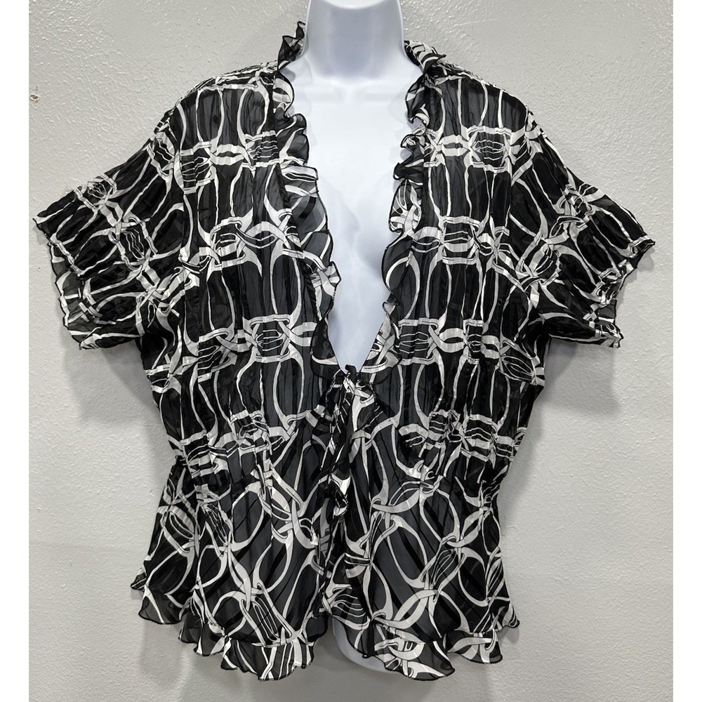 Lane Bryant Blouse Women's Size 18/20 Black White Pattern Sheer Ruffle Front Tie